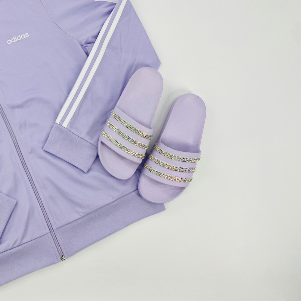 Adidas Adilette Aqua ‘Iced Orchid/AB Crystal’Custom Slides Woman’s Size 8 - Picture 1 of 3